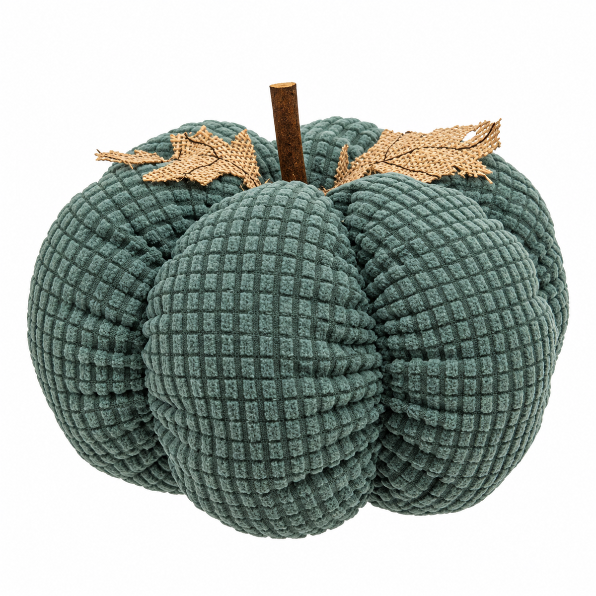 A textured, ribbed fabric decorative pumpkin in a muted sage green color, featuring a brown stem and two gold-toned leaf accents, set against a plain white background.