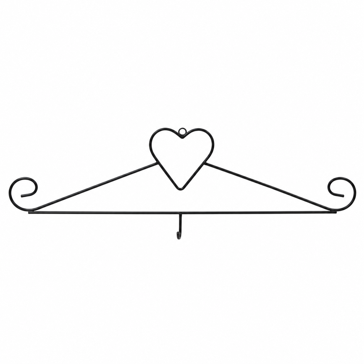Black metal wall hook with a heart-shaped top and scrolled ends on a plain white background.