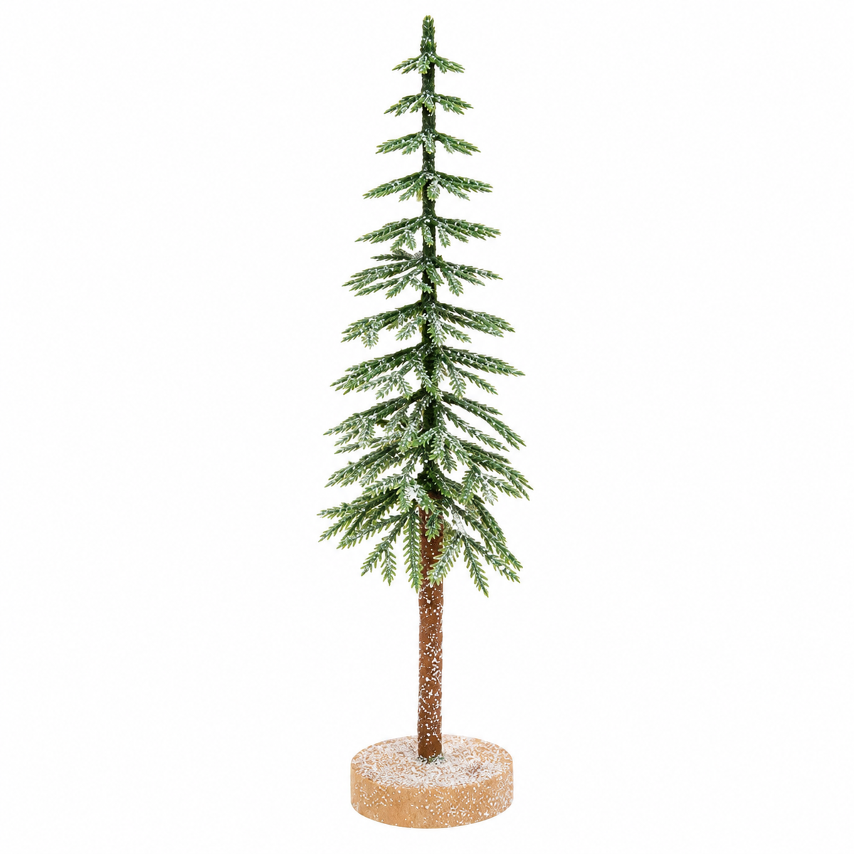 A small artificial Christmas tree with green needles dusted with white faux snow, a brown trunk, and a round tan base, shown on a plain white background.