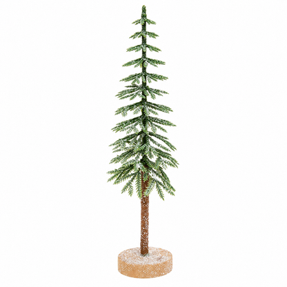 A small artificial Christmas tree with green needles dusted with white faux snow, a brown trunk, and a round tan base, shown on a plain white background.