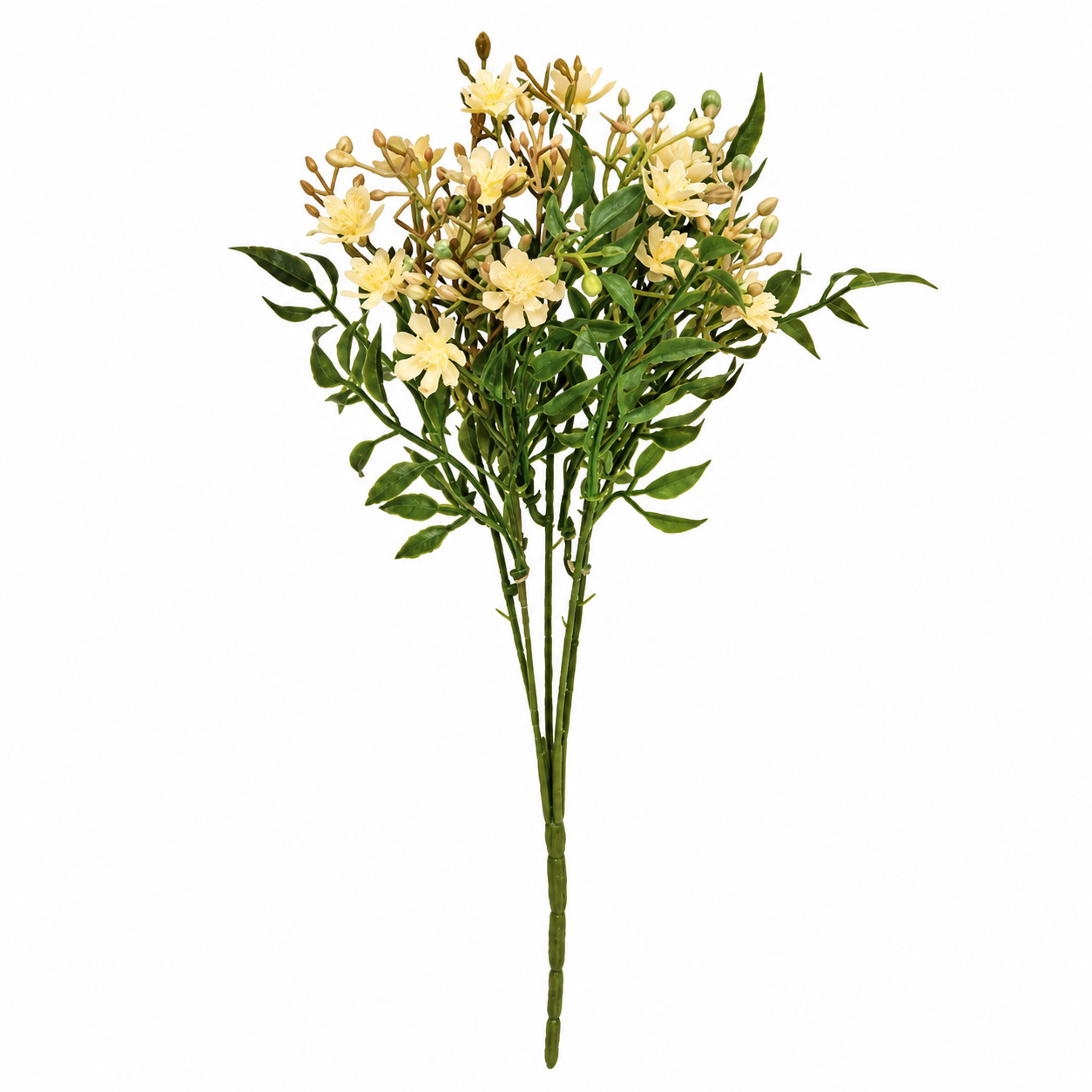 An artificial flower stem bouquet featuring pale yellow blossoms and green leaves on a solid white background.