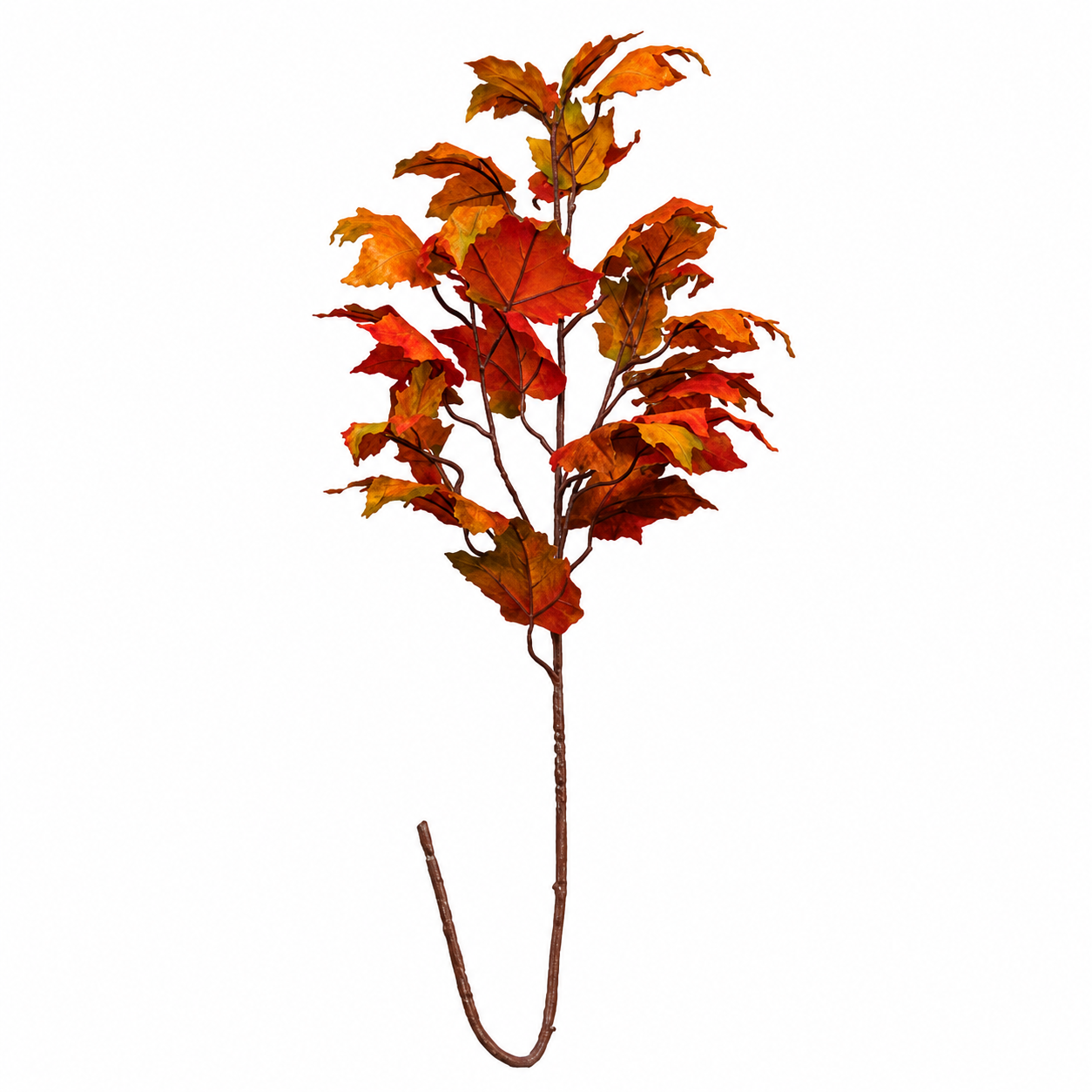 An artificial autumn maple leaf stem with vibrant orange, red, and yellow leaves on a brown branch, isolated on a white background.