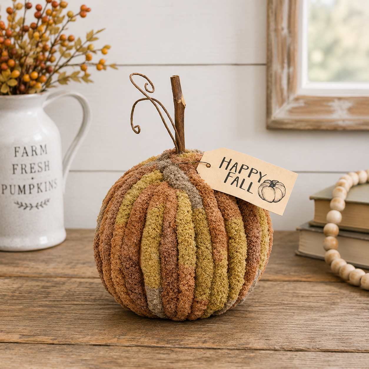 A decorative autumn pumpkin with a textured, ribbed fabric body in muted fall colors, featuring a brown wire stem and a 'Happy Fall' paper tag, displayed on a wooden tabletop.
