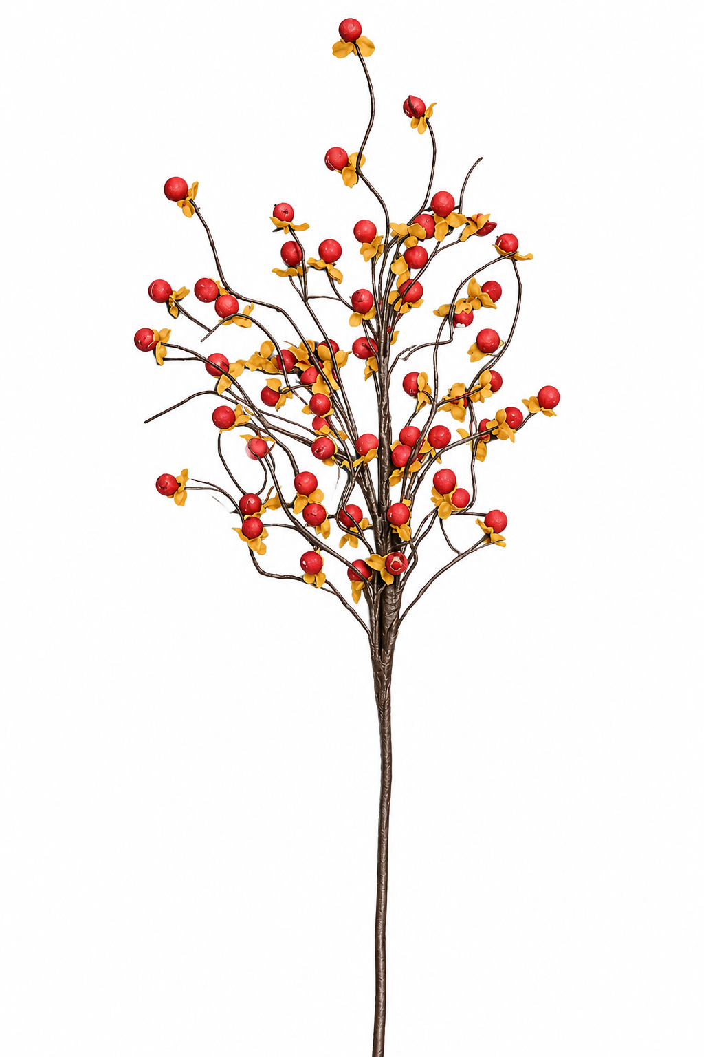 A single artificial autumn branch with a long brown stem, decorated with numerous small red berries and clusters of yellow-orange flowers, isolated on a white background.