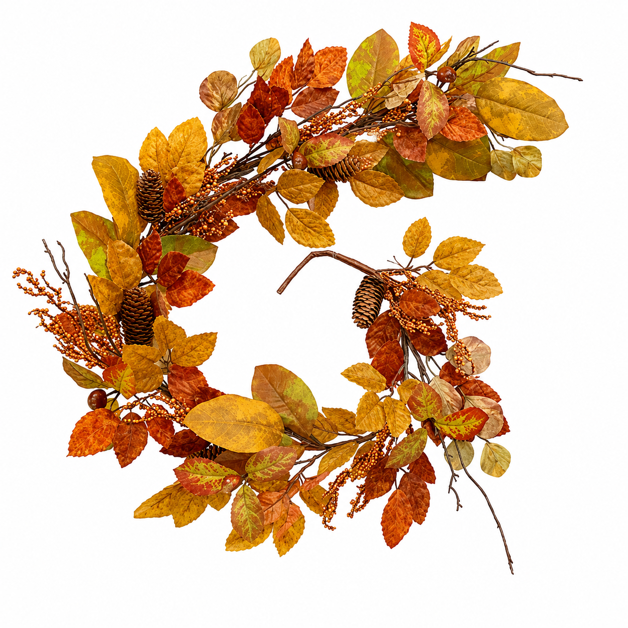 An autumn-themed artificial wreath featuring yellow, orange, and brown faux leaves, pinecones, and berry sprigs on a white background.