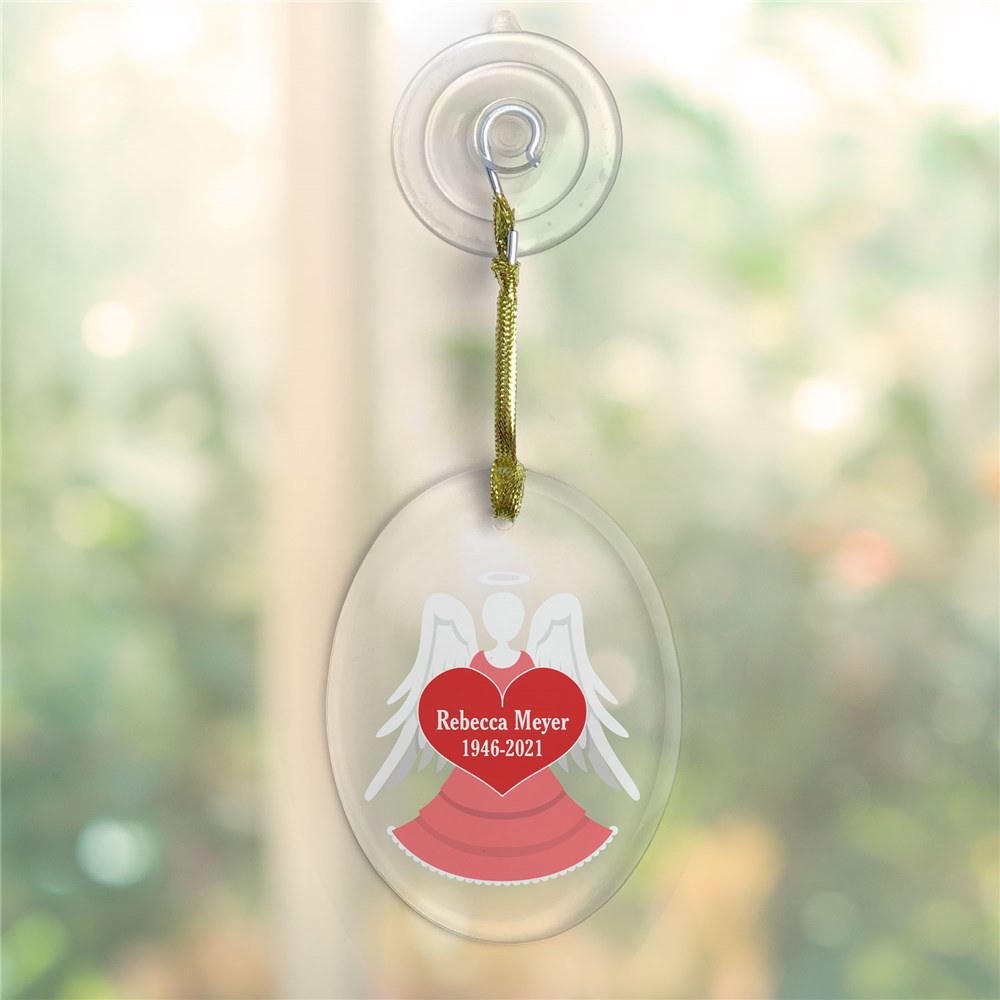 Personalized Memorial Angel Jade Glass Ornament with golden ribbon and suction cup, a heartfelt tribute keepsake made from elegant jade glass.