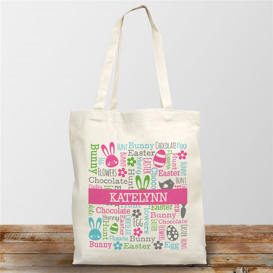 A personalized cotton Easter tote bag featuring colorful word art and a custom name, perfect for kids' egg hunts and springtime outings.
