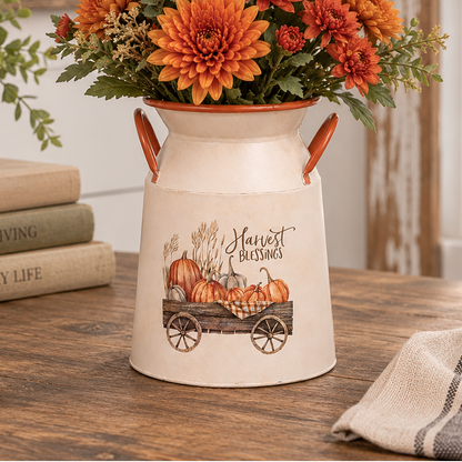 A cream-colored decorative milk canister planter with orange handles and a fall harvest illustration, filled with orange and red chrysanthemums, displayed on a wooden table in a rustic home setting.
