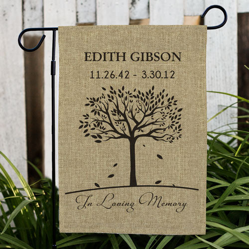 Personalized burlap memorial garden flag with custom name and dates in elegant script