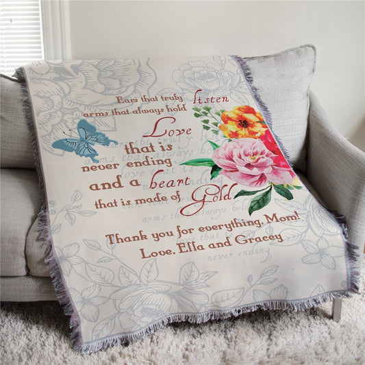 Woven afghan throw with personalized message for Mom and fringed trim