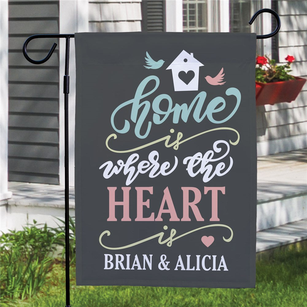 Custom garden flag with “Home Is Where the Heart Is” and personalized family name – decorative outdoor yard accent