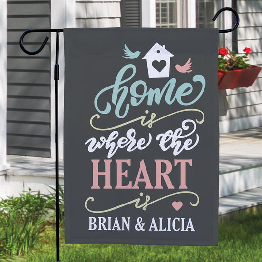 Custom garden flag with “Home Is Where the Heart Is” and personalized family name – decorative outdoor yard accent