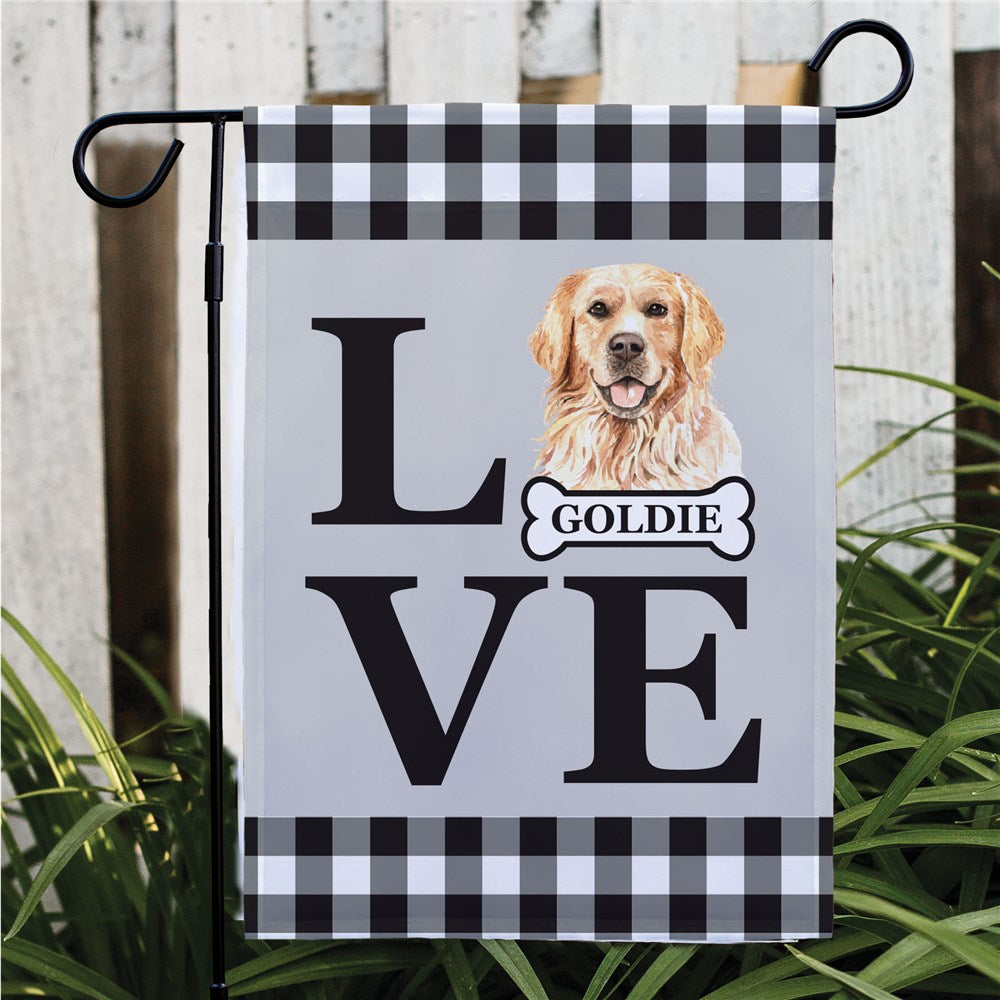 Personalized red gingham dog garden flag with hearts and paw print accents