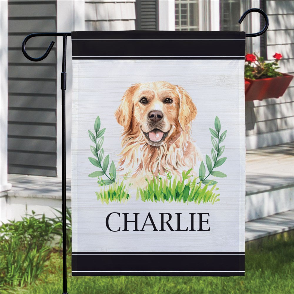 Dog breed garden flag with curved leaf motif and personalized text