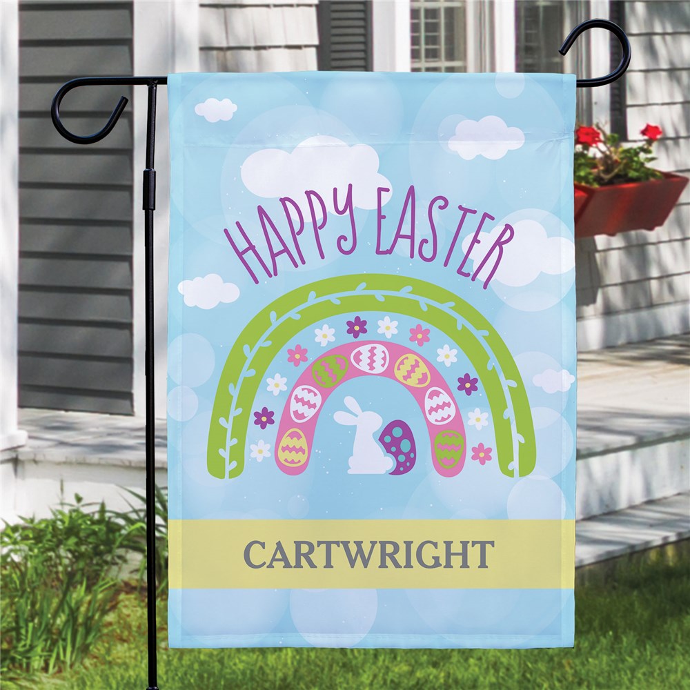 Bright and colorful Easter garden flag with a bold rainbow design, customizable text, and a 2” pocket for hanging, perfect for springtime outdoor decor.