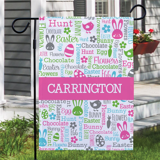 Personalized Easter garden flag featuring static word art in vibrant colors, designed for outdoor yard decoration.