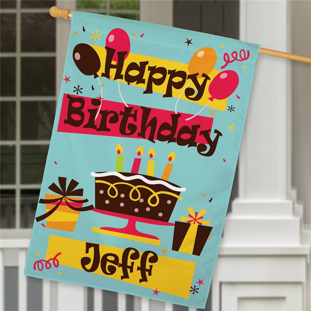 Single- or Double-sided birthday flag with colorful balloon and cake design and personalized with name.
