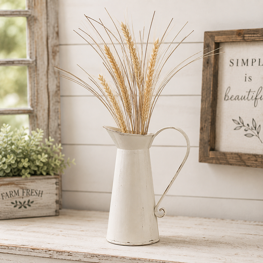 A distressed white ceramic pitcher vase filled with dried wheat stalks, styled on a rustic wooden table with a small potted plant and framed wall art in the background.