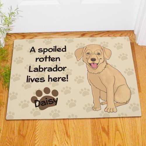 Personalized Yellow Lab doormat with pet name in front entryway