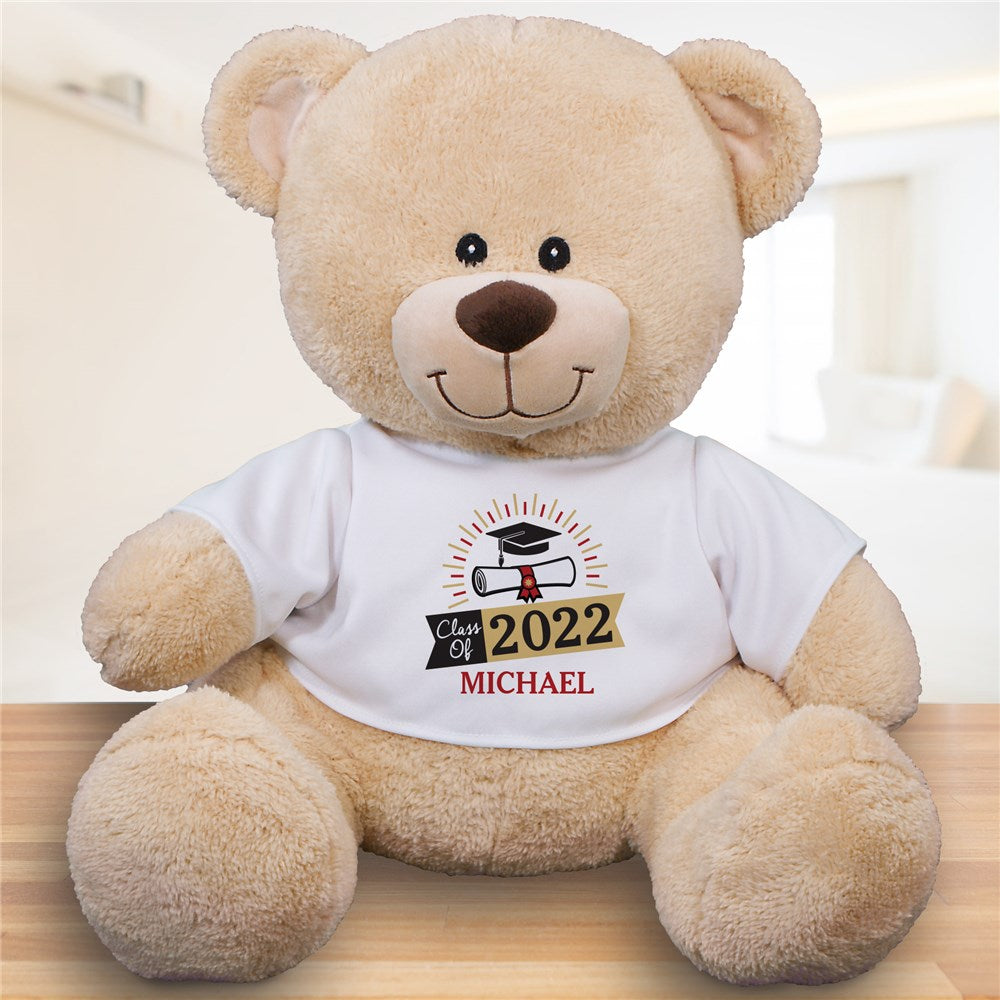 Personalized graduation teddy bear with custom name and year on printed T-shirt