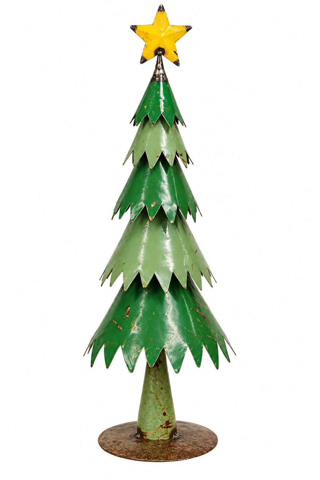 A vintage-style metal Christmas tree decoration with tiered green branches, a yellow star topper, and a round base, shown against a plain white background.