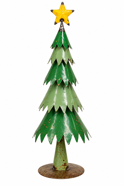 A vintage-style metal Christmas tree decoration with tiered green branches, a yellow star topper, and a round base, shown against a plain white background.