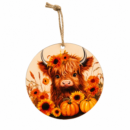Five-inch Highland cow autumn ornament with pumpkins and orange sunflowers in a printed country-style fall scene.