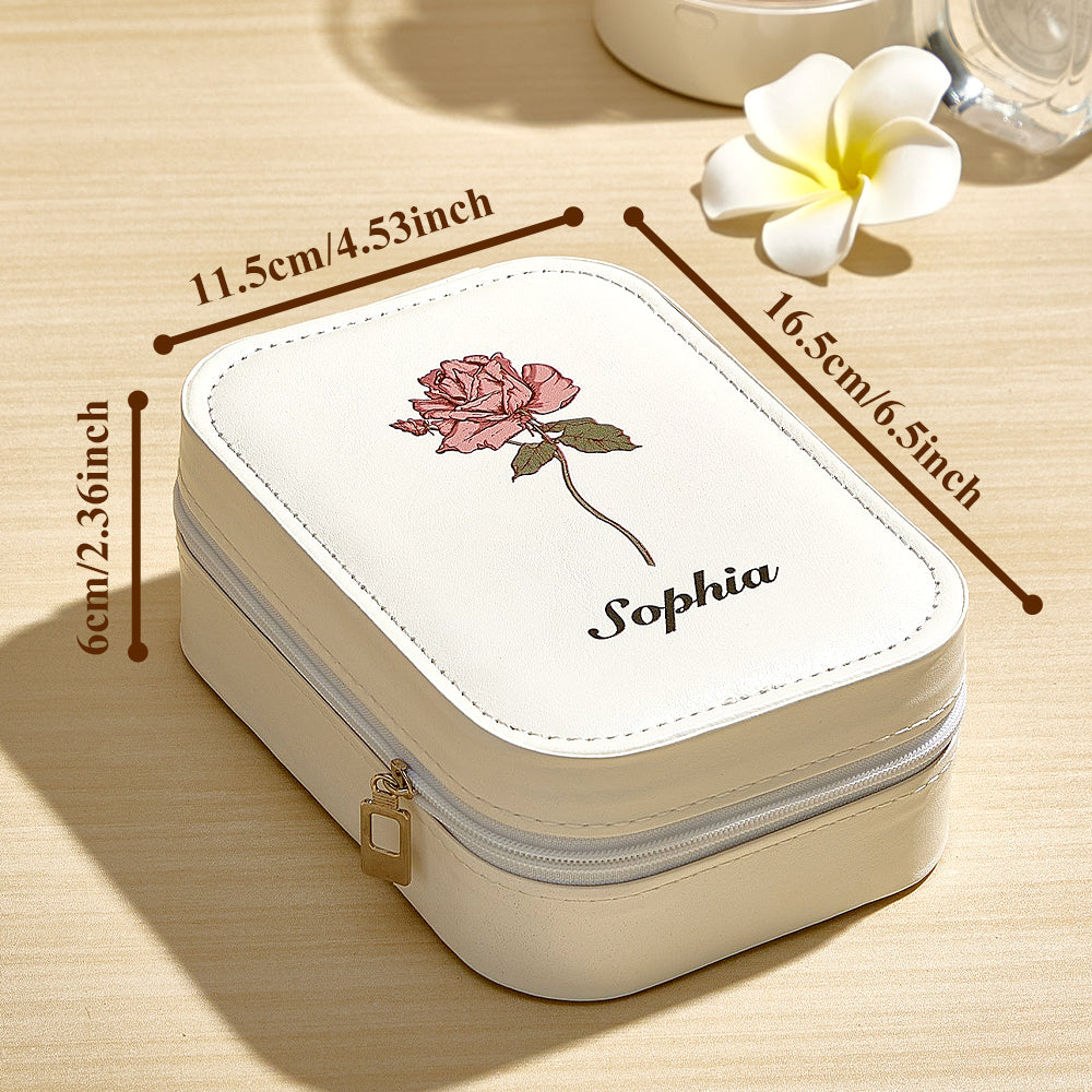 he white version of the personalized jewelry box with a text overlay indicating its size (6.5in x 4.53in x 2.36in), highlighting its sleek design and functionality.