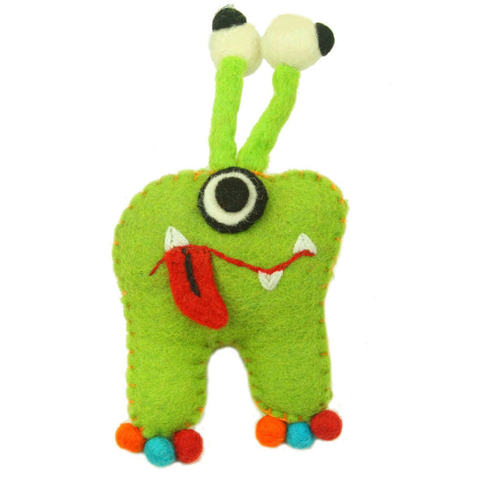 Hand-felted green tooth monster plush with bug eyes and stitched front pocket, fair trade wool toy from Nepal