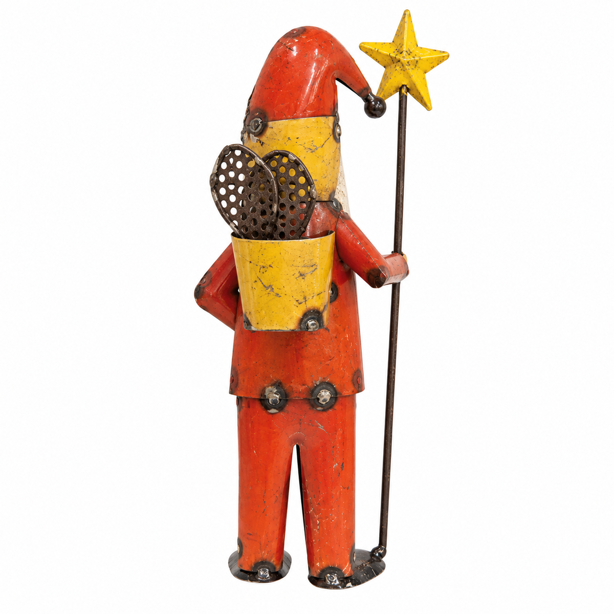A vintage tin soldier figurine painted in red and yellow, holding a yellow star-topped staff, photographed against a solid white background.