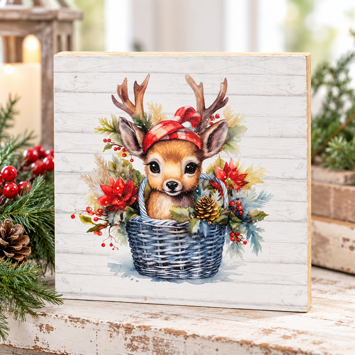 A square decorative wooden sign featuring a painted baby deer with antlers sitting in a wicker basket surrounded by red berries, pinecones, and greenery, styled on a rustic wooden surface with holiday greenery and candles in the background.