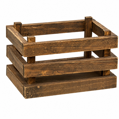 A rustic wooden crate organizer with a dark brown finish, featuring three tiers of slatted wood panels, shown on a plain white background.