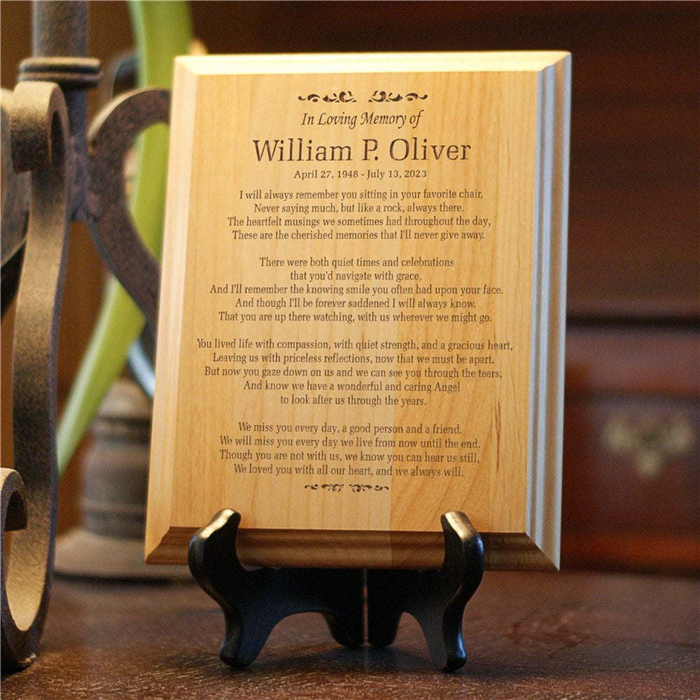 Engraved wood memorial plaque with custom name and dates