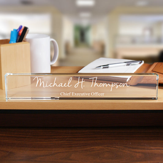 Engraved glass desk name plate with two lines of custom text – personalized office decor and professional gift