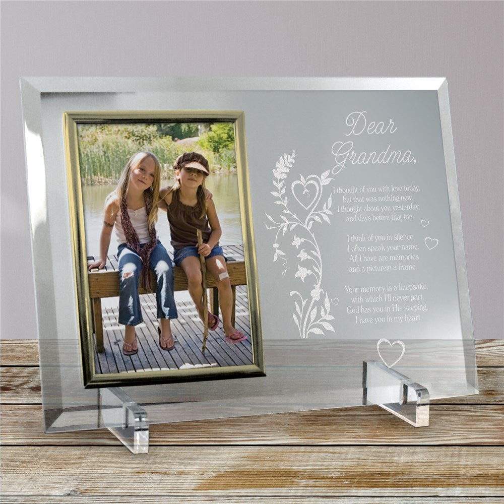 Elegant personalized memorial picture frame with gold trim, beveled edges, and a 4x6 photo display. A timeless tribute to loved ones.