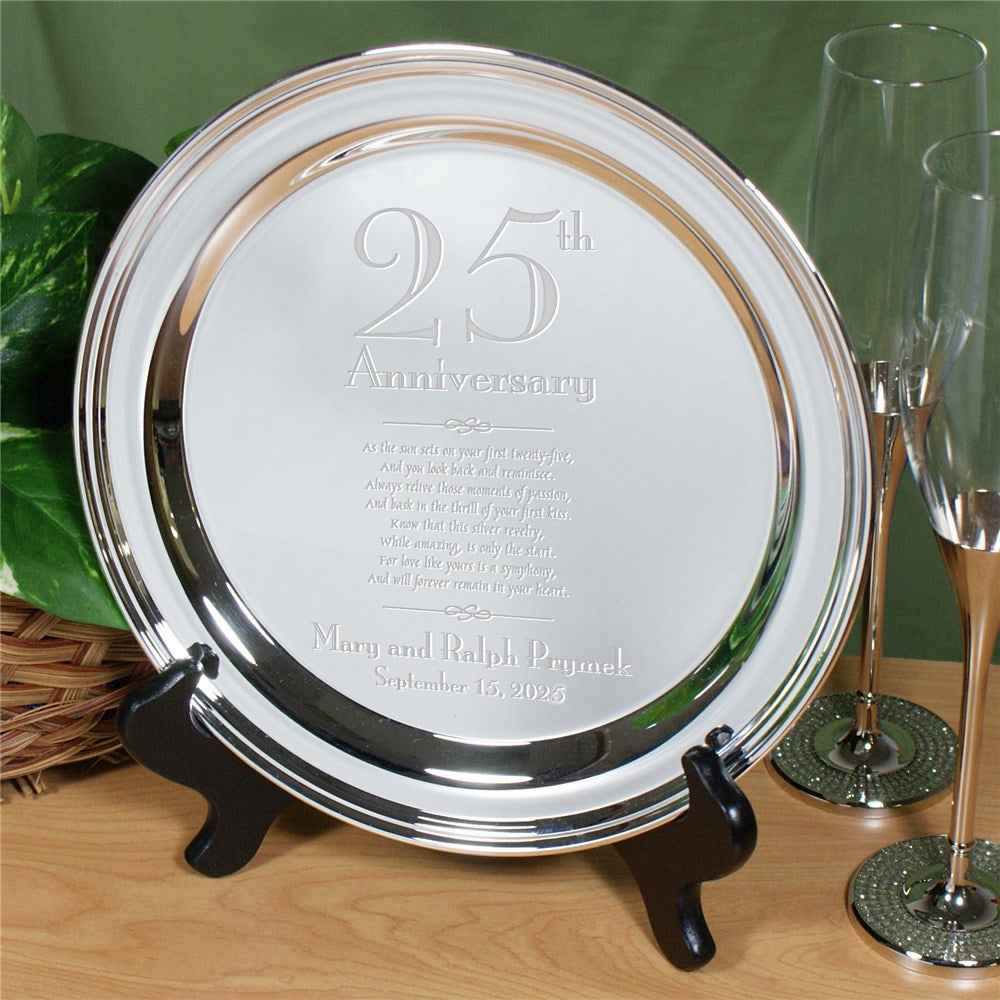 Engraved 25th anniversary silver plate with couple’s names and date – nickel-plated 10-inch display keepsake gift