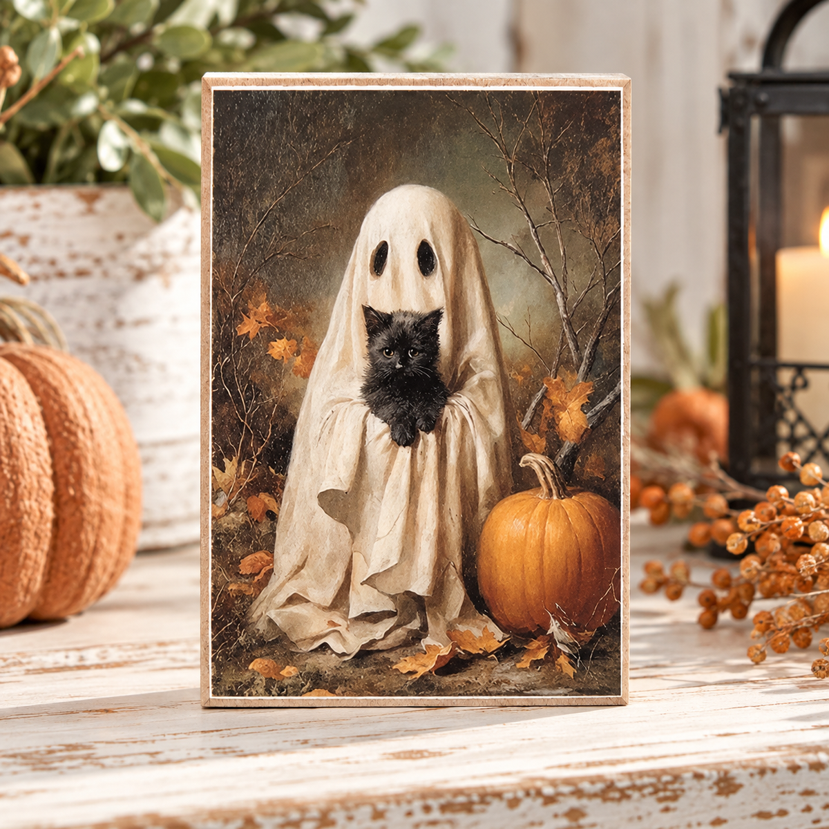 A framed art print featuring a black kitten peeking out from a white ghost costume, set against an autumn forest background with pumpkins and leaves. The print is displayed on a rustic white wooden table surrounded by seasonal decorations including pumpkins, dried berries, and a lantern.