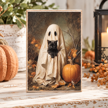 A framed art print featuring a black kitten peeking out from a white ghost costume, set against an autumn forest background with pumpkins and leaves. The print is displayed on a rustic white wooden table surrounded by seasonal decorations including pumpkins, dried berries, and a lantern.