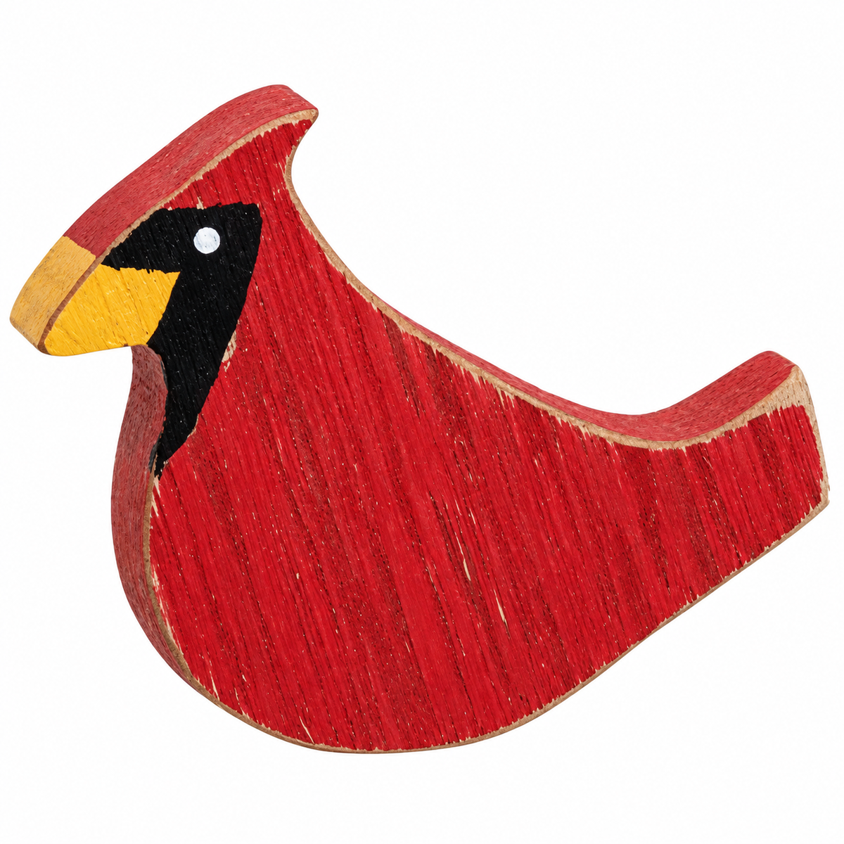 A carved wooden cardinal figurine with a bright red body, yellow beak, and black head detail, shown on a plain white background.