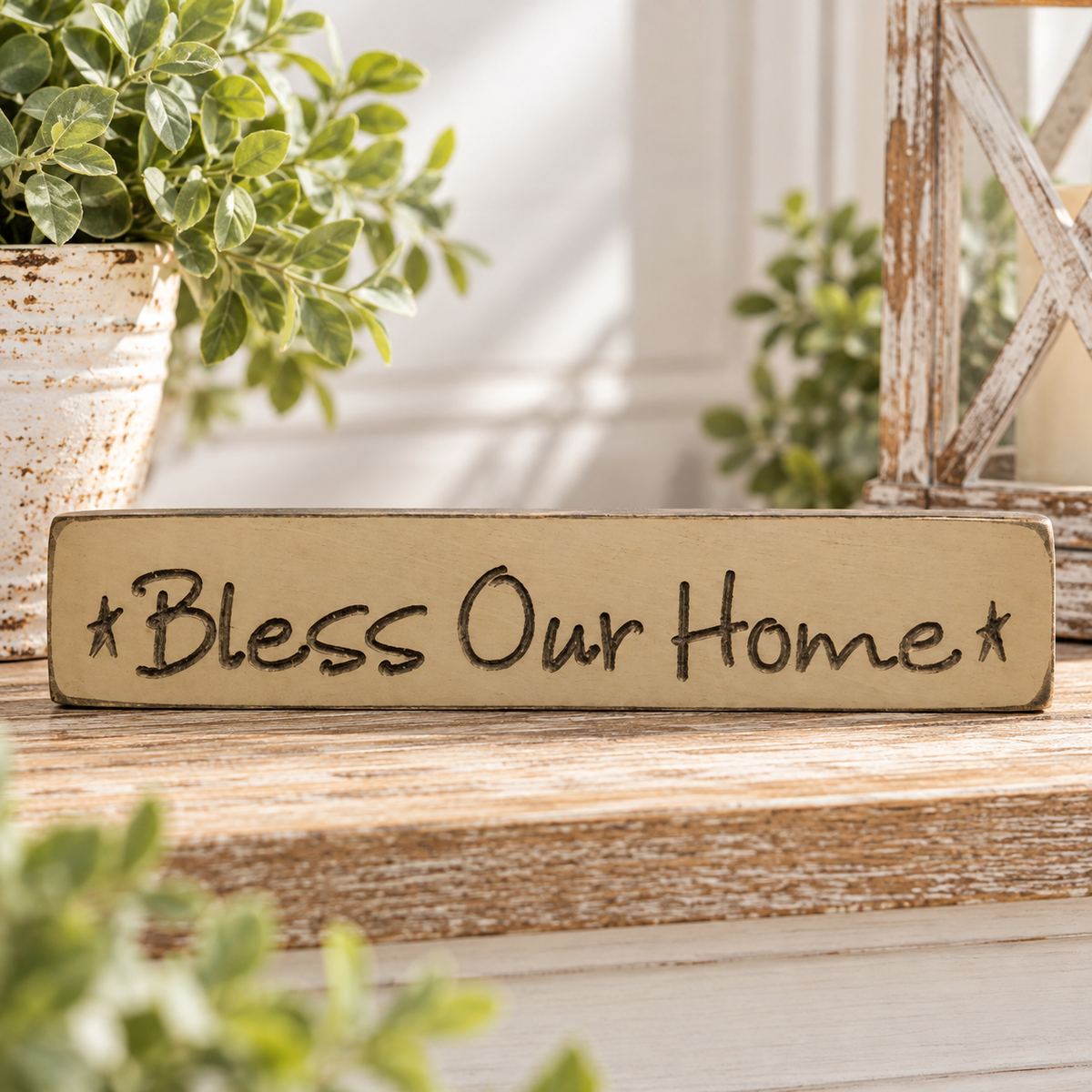 A rectangular beige wooden sign with the phrase 'Bless Our Home' in dark brown script, styled on a rustic wooden surface with potted green plants in the background.