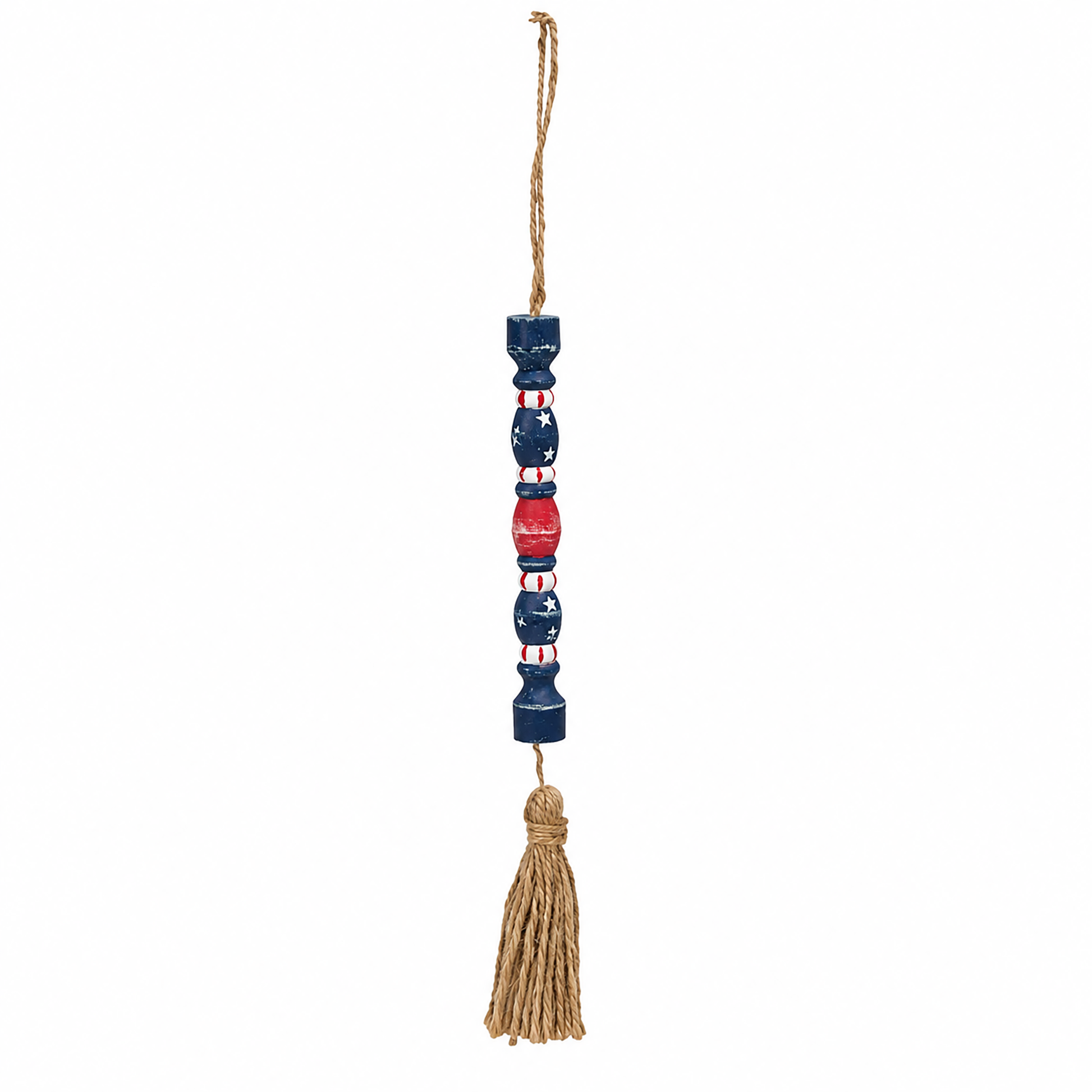 Wooden firecracker ornament with distressed red white and blue finish for patriotic farmhouse decor, Memorial Day decorating, Americana displays, and rustic seasonal accents