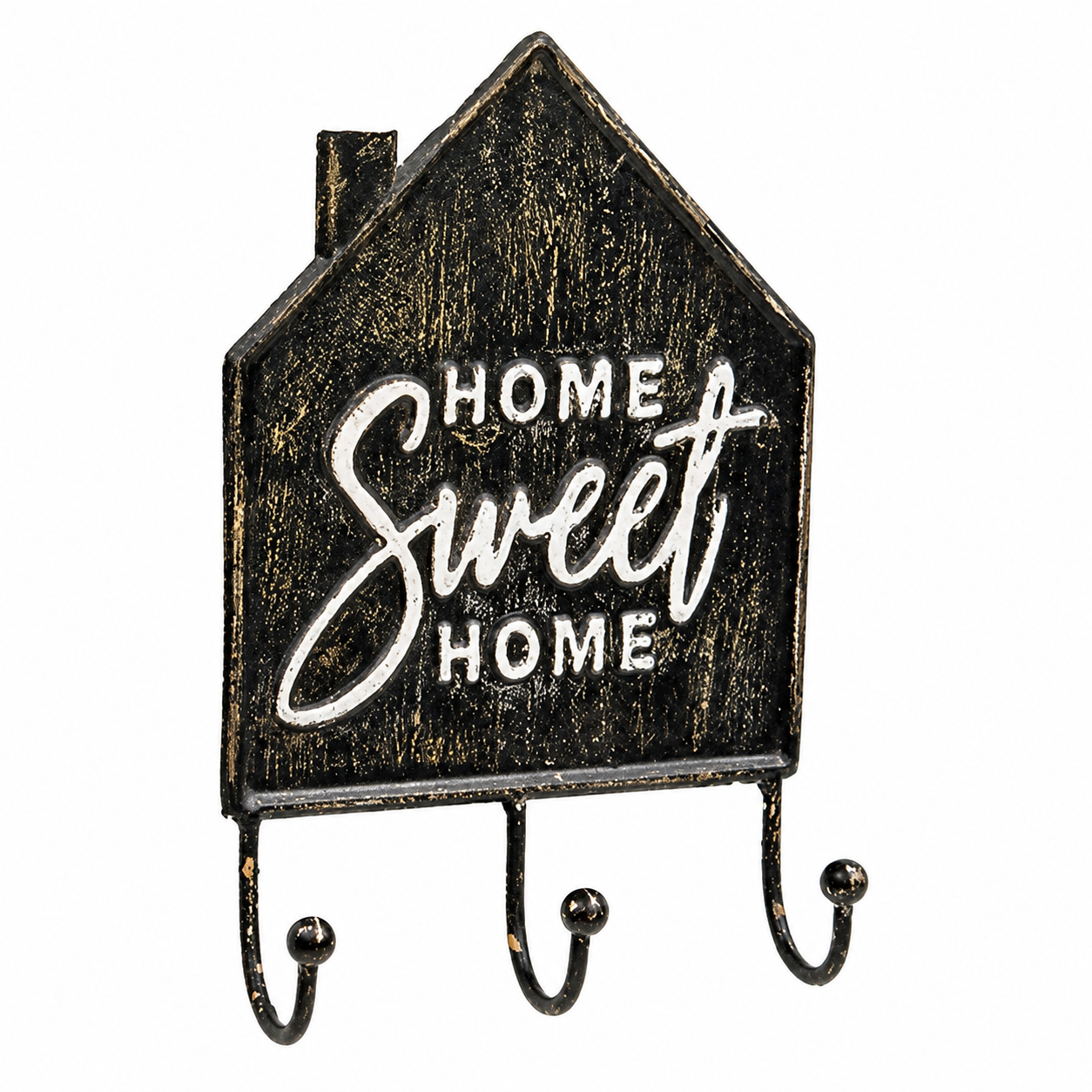 House shaped metal key holder with Home Sweet Home lettering and distressed black finish for rustic farmhouse wall decor