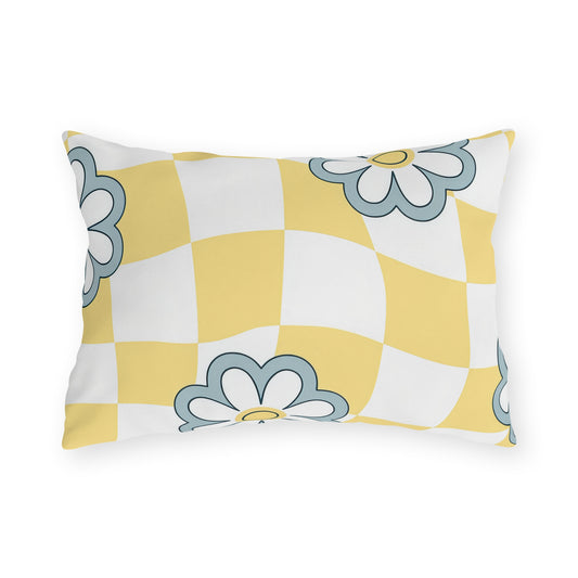 Decorative lumbar pillow for patios and porches with yellow checks and spring florals