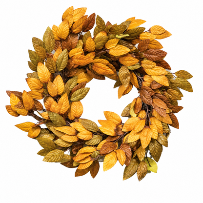 An autumn leaf wreath made of artificial oak-like leaves in shades of golden yellow, orange, brown, and olive green, arranged in a circular shape on a plain white background.