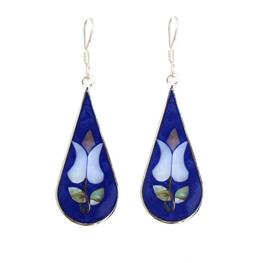 Handmade abalone teardrop earrings in alpaca silver with tulip-shaped design