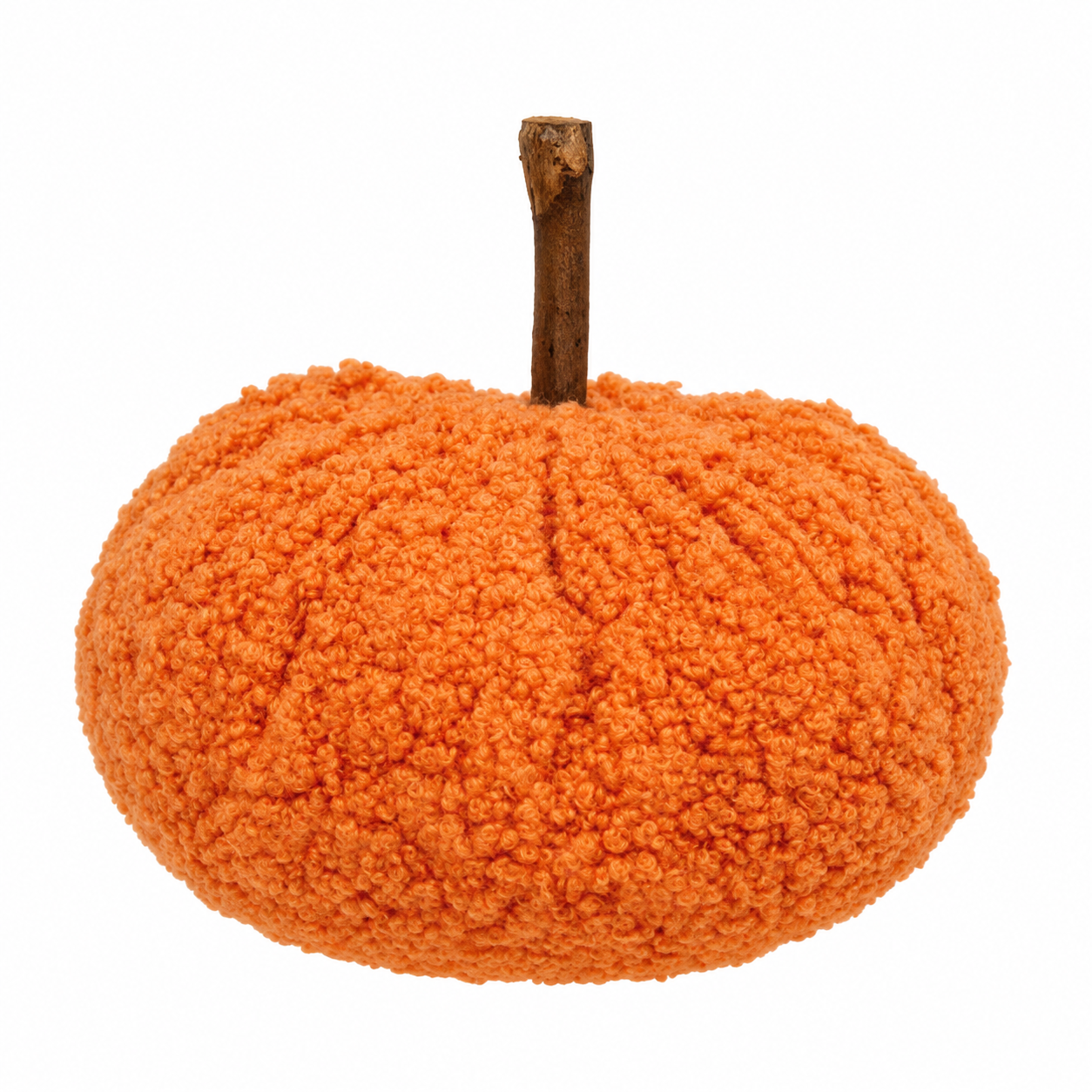An orange textured faux-fur pumpkin decoration with a short brown stem, isolated on a white background.