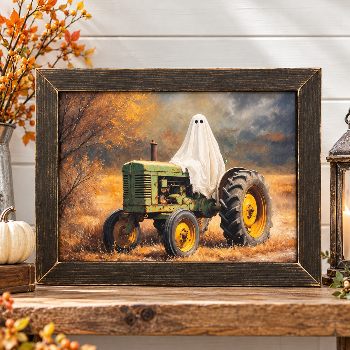 A framed art print displayed on a rustic wooden shelf. The print features a whimsical illustration of a green tractor with a white ghost draped over it, set against an autumn field.