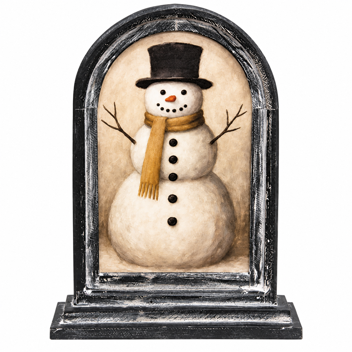 A decorative tabletop sculpture of a snowman framed in an arched black stone-like border. The snowman has a black top hat, a tan scarf, and black buttons on a beige background.