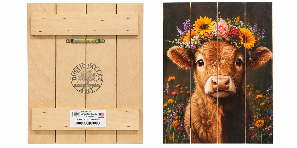 A rustic wooden wall art piece shown from both the back and the front. The back features light natural wood slats, a metal hanger slot, a circular 'Rustic Barrel Art' logo stamp, and a product label.