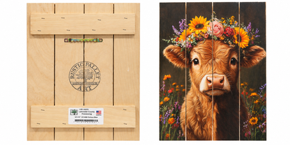 A rustic wooden wall art piece shown from both the back and the front. The back features light natural wood slats, a metal hanger slot, a circular 'Rustic Barrel Art' logo stamp, and a product label.